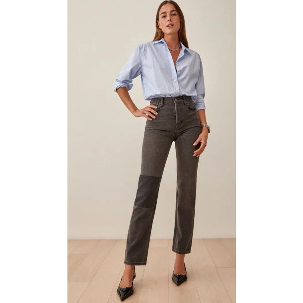 Reformation Cynthia Patch High Rise Straight Jeans Alder Wash Wmn Sz 27 Designer